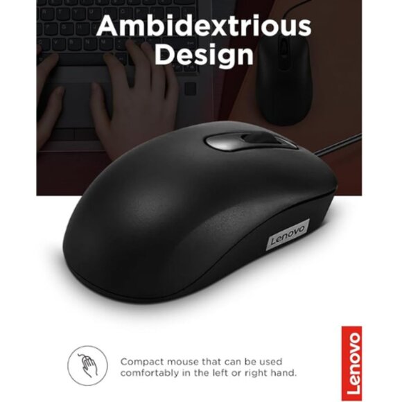 Lenovo 100 Wired Optical Mouse – 1000 DPI, USB, 3 Buttons, New in Box - Picture 2 of 3